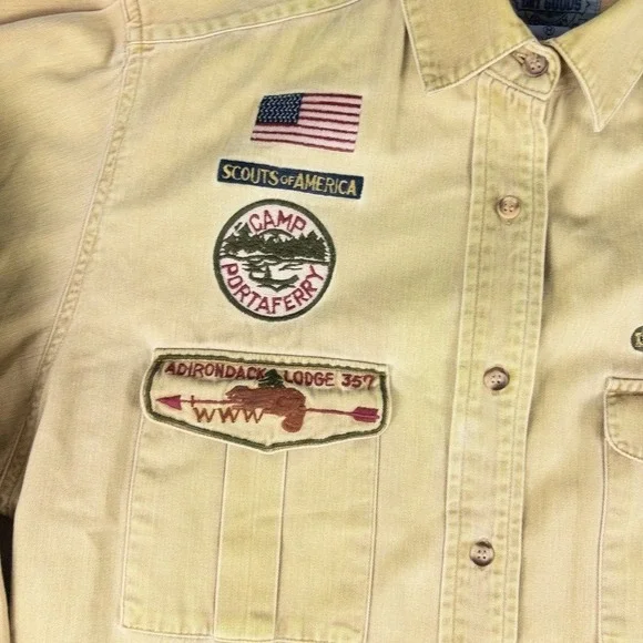 Vintage 90s Scouting Shirt Women Medium Tan Embroidered Patches Safari Utility - Picture 3 of 9